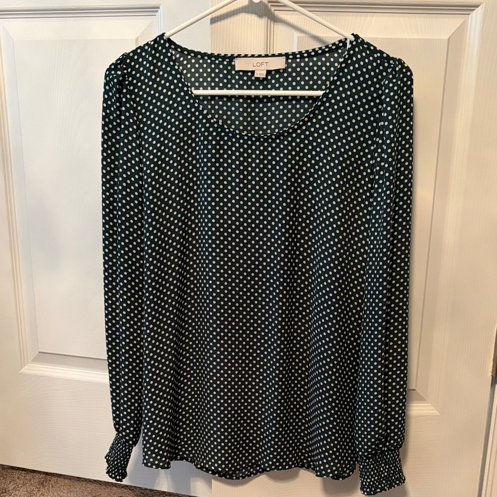 LOFT Dark Green Polka Dot Blouse